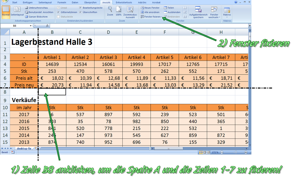 Excel Zeile fixieren